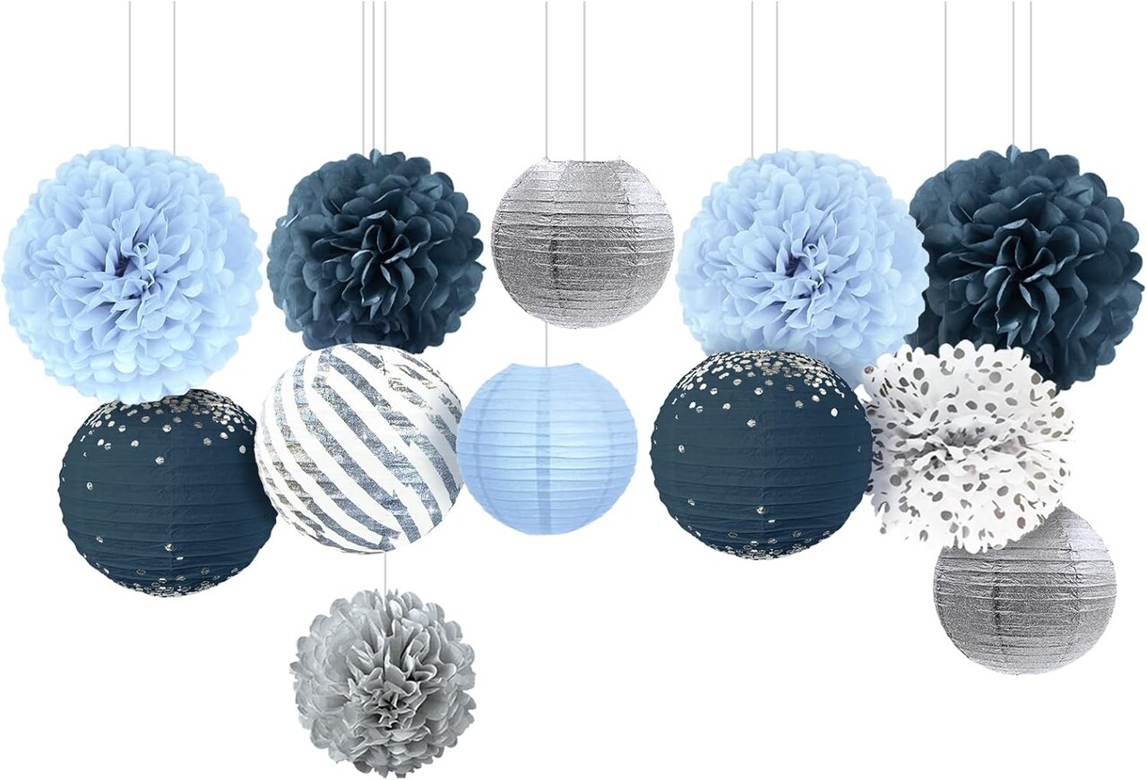 Dusty Blue Wedding Decorations, 12 PCS Blue Grey Tissue Pom Poms Paper Lanterns Decor for Birthday, Bridal Shower, Baby Shower, Bachelorette Party Hanging Decoration Supplies